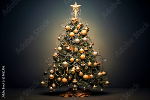 Greeting card holiday concept. Christmas tree with decorations on dark background  space for text. Merry and happy New Year background. 