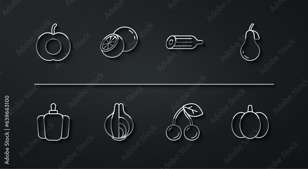 Set line Peach fruit, Bell pepper, Pear, Cherry, Onion, Orange, Pumpkin and Fresh cucumber icon. Vector Set line Peach fruit, Bell pepper, Pear, Cherry, Onion, Orange, Pumpkin and Fresh cucumber icon. Vector