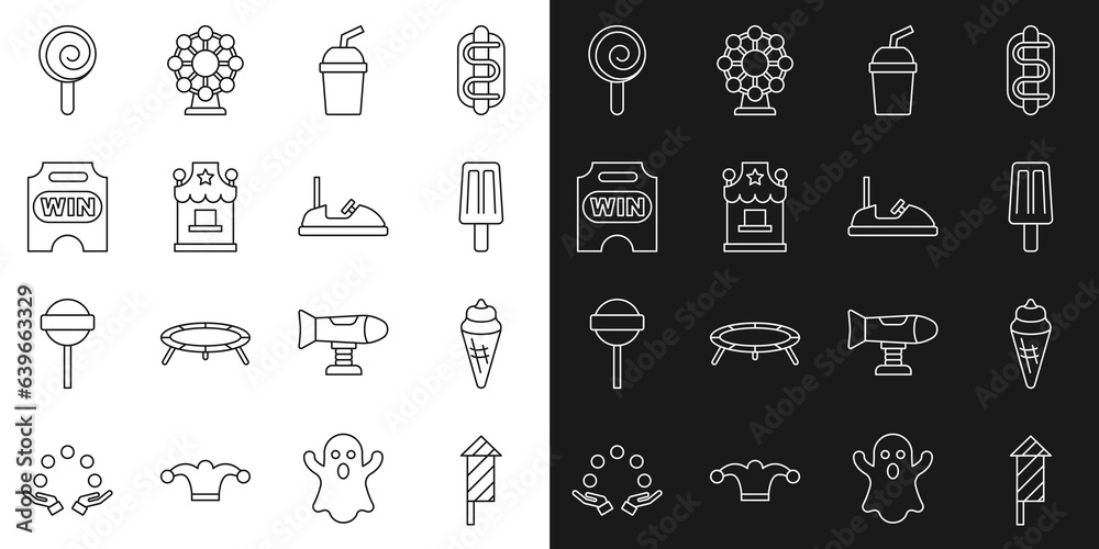Set line Firework rocket, Ice cream in waffle cone, Paper glass with water, Ticket box office, Circus ticket, Lollipop and Bumper car icon. Vector