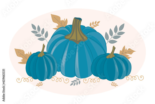 Blue pumpkins with autumn leaves an element for a postcard