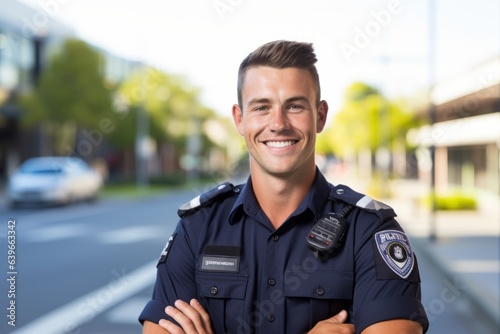 Portrait of a smiling young police officer standing with arms crossed in the street