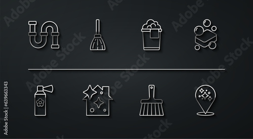 Set line Industry metallic pipe, Air freshener spray bottle, Bar of soap, Handle broom, Home cleaning service, and Bucket with foam icon. Vector