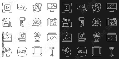 Set line Studio light bulb in softbox, Photo frame, camera, flash, Retro cinema, Camera focus line and icon. Vector