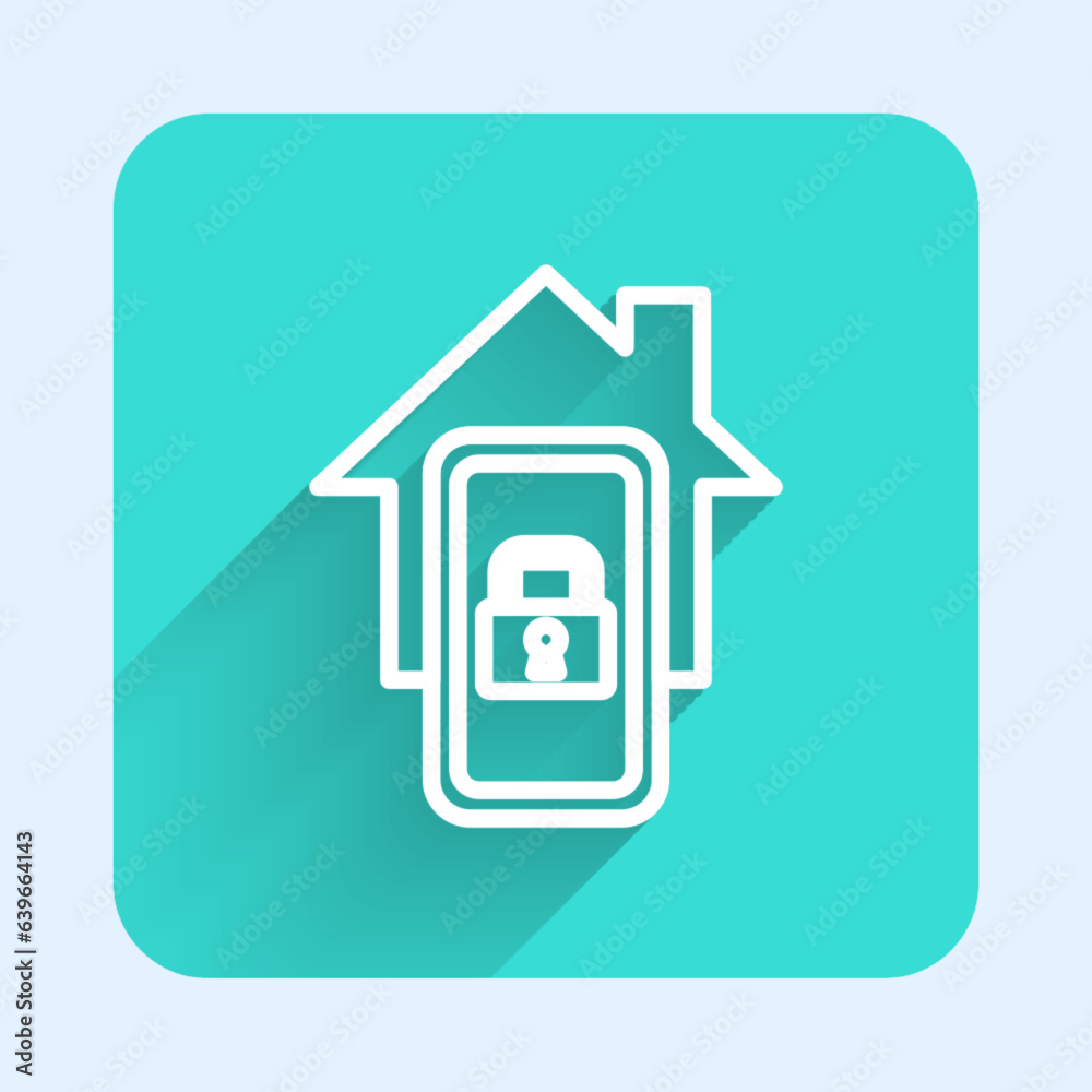 White line Mobile phone with smart home icon isolated with long shadow. Remote control. Green square button. Vector White line Mobile phone with smart home icon isolated with long shadow. Remote control. Green square button. Vector