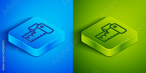 Isometric line Electrical measuring instrument icon isolated on blue and green background. Analog devices. Measuring device laboratory research. Square button. Vector