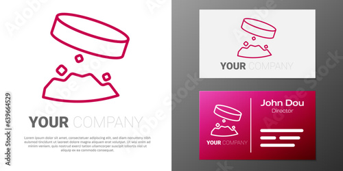 Logotype line Giant magnet holding iron dust icon isolated on white background. Logo design template element. Vector