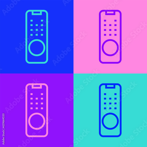 Pop art line Remote control icon isolated on color background. Vector