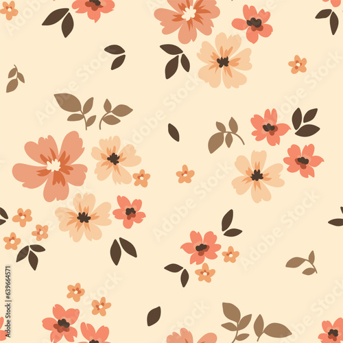 Seamless floral pattern, liberty ditsy print with gently tiny flowers. Cute botanical design, pretty ornament: hand drawn plants, simple small flowers, tiny leaves on a light pink background. Vector.