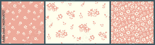 Seamless floral pattern, delicate ditsy print with small sketch plants in two colors: pink, white. Cute botanical background design made of hand drawn daisy flowers, tiny leaves. Vector illustration.