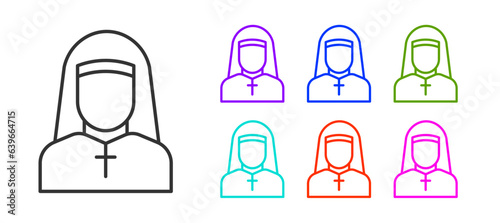 Black line Nun icon isolated on white background. Sister of mercy. Set icons colorful. Vector