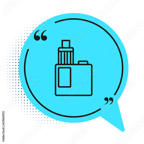 Black line Vape mod device icon isolated on white background. Vape smoking tool. Vaporizer Device. Blue speech bubble symbol. Vector