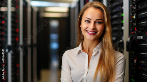 Network Control: Woman IT Admin Amid Server Racks