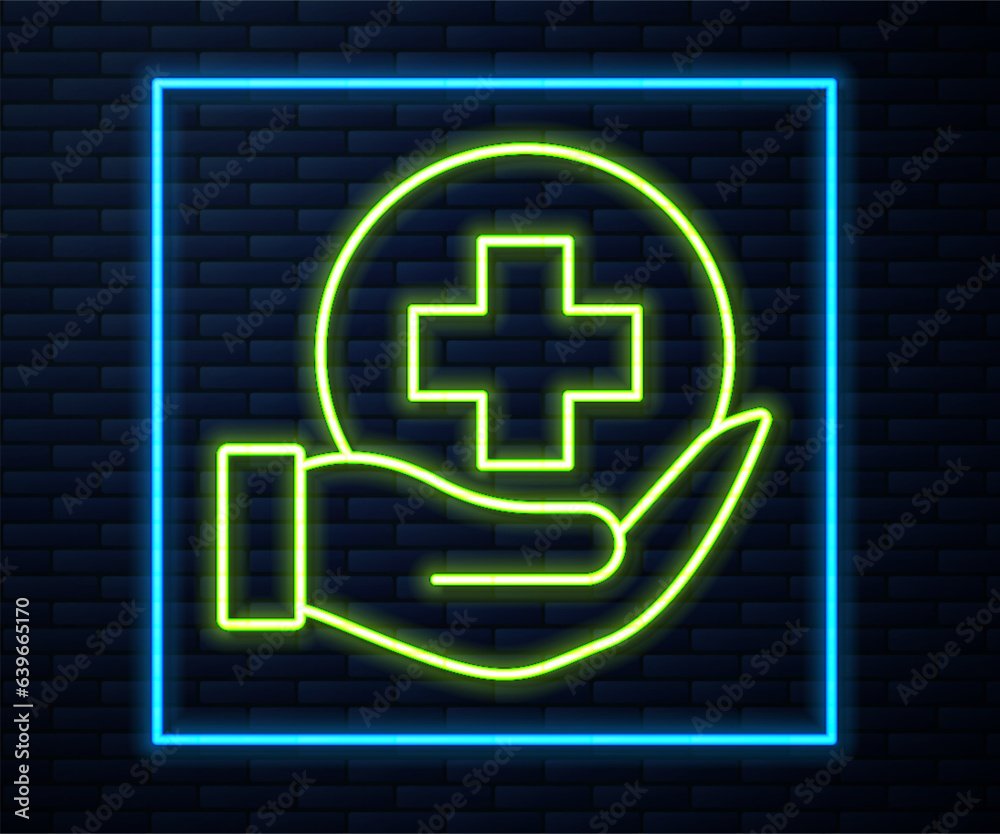Glowing neon line Life insurance icon isolated on brick wall background. Security, safety, protection, protect concept. Vector Glowing neon line Life insurance icon isolated on brick wall background. Security, safety, protection, protect concept. Vector