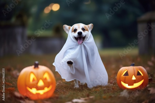 Cute corgi dog in ghost halloween costume sitting near pumpkin basket outdoors. Halloween welsh corgi pembroke with pumpkiin