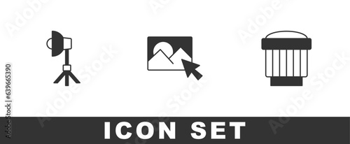 Set Softbox light, Photo retouching and Camera photo lens icon. Vector