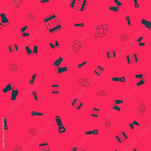 Set Bottle opener, Wooden barrel, Glass of beer and Hop on seamless pattern. Vector