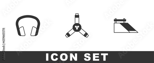 Set Headphones, Skateboard Y-tool and park icon. Vector