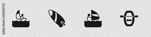 Set Windsurfing, Surfboard, and Boat with oars icon. Vector