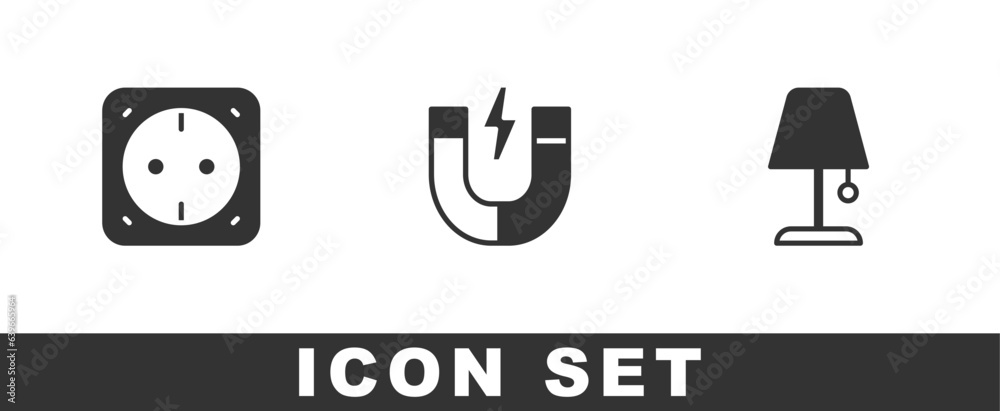 Set Electrical outlet, Magnet and Table lamp icon. Vector Set Electrical outlet, Magnet and Table lamp icon. Vector