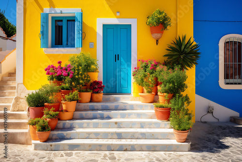 Colorful house with door window and stairs
