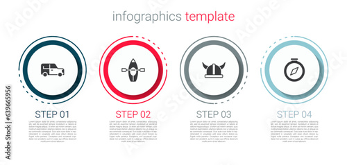 Set Car, Kayak and paddle, Viking in horned helmet and Compass. Business infographic template. Vector