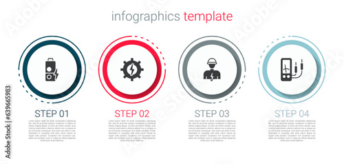 Set Battery charge, Gear and lightning, Electrician and Ampere meter, multimeter. Business infographic template. Vector