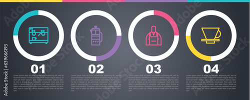 Set line Coffee machine, French press, Barista and V60 coffee maker. Business infographic template. Vector
