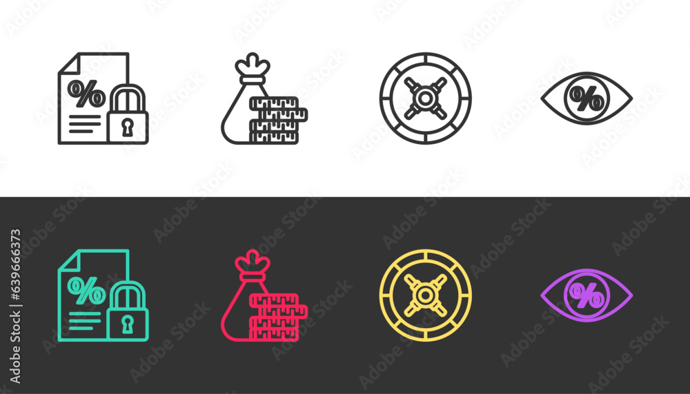 Set line Finance document and lock, Money bag coin, Safe and Eye with percent on black and white. Vector Set line Finance document and lock, Money bag coin, Safe and Eye with percent on black and white. Vector