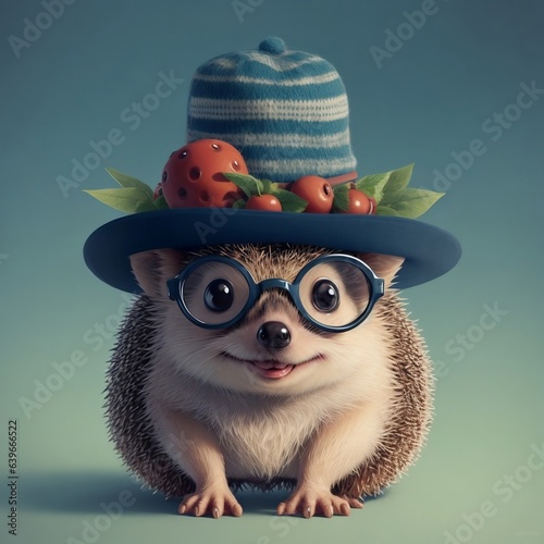 An illustration of a hedgehog wearing bowlers hat and specs. plane color background  3D generative AI images of funny wildlife animals and birds .funny animals. animal art. print on demand. POD.  