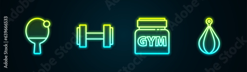 Set line Racket and ball, Dumbbell, Sports nutrition and Punching bag. Glowing neon icon. Vector