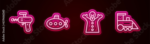Set line Ray gun, Submarine toy, Toy puppet doll on hand and train. Glowing neon icon. Vector