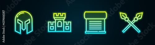 Set line Medieval iron helmet, Castle, fortress, Decree, parchment, scroll and Crossed medieval spears. Glowing neon icon. Vector