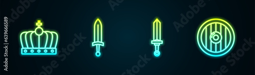 Set line King crown, Medieval sword, and Round wooden shield. Glowing neon icon. Vector
