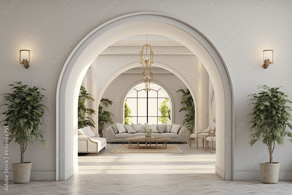 Fototapeta premium salón de vivienda con puertas circulares entre dependencias, decorada con plantas y salones al fondo junto a gran cristalera