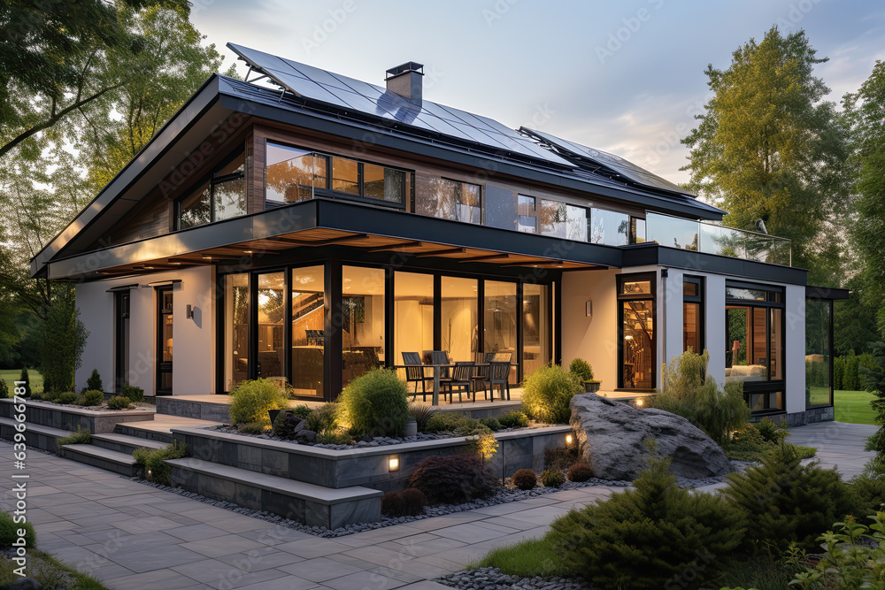 casa chalet moderno de dos plantas con grandes ventanales y placas solares, con terraza exterior rodeado de arboles