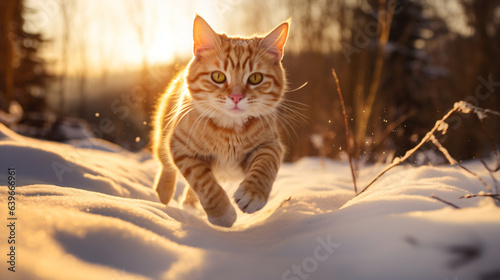 Orange tabby cat with white paws and chest, ruffled fur, and green eyes walking towards the camera in a snowy landscape with trees under the warm glow of a setting sun. © Arma Design