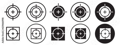 Target Icon. Symbol of business goal achievement through aiming accurately with focus. Vector set of sniper crosshair or sharp gun shot point. Flat outline of mission successfully complete by hitting 