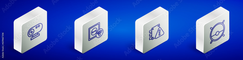 Set Isometric line Web camera, Smart electrical outlet, House under protection and Robot vacuum cleaner icon. Vector Set Isometric line Web camera, Smart electrical outlet, House under protection and Robot vacuum cleaner icon. Vector