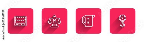 Set line Measuring instrument, Scales of justice, cup and Hand scale spring mechanical with long shadow. Red square button. Vector