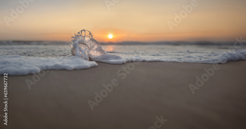 Am Strand wird eine Glaskugel von einer Welle im Meer umspült im Hintergrund der Sonnenuntergang