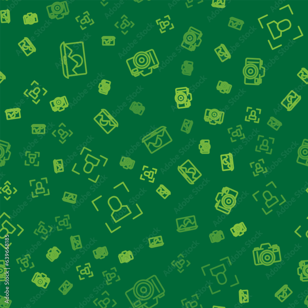 Set line Photo retouching, Camera focus frame line and camera on seamless pattern. Vector