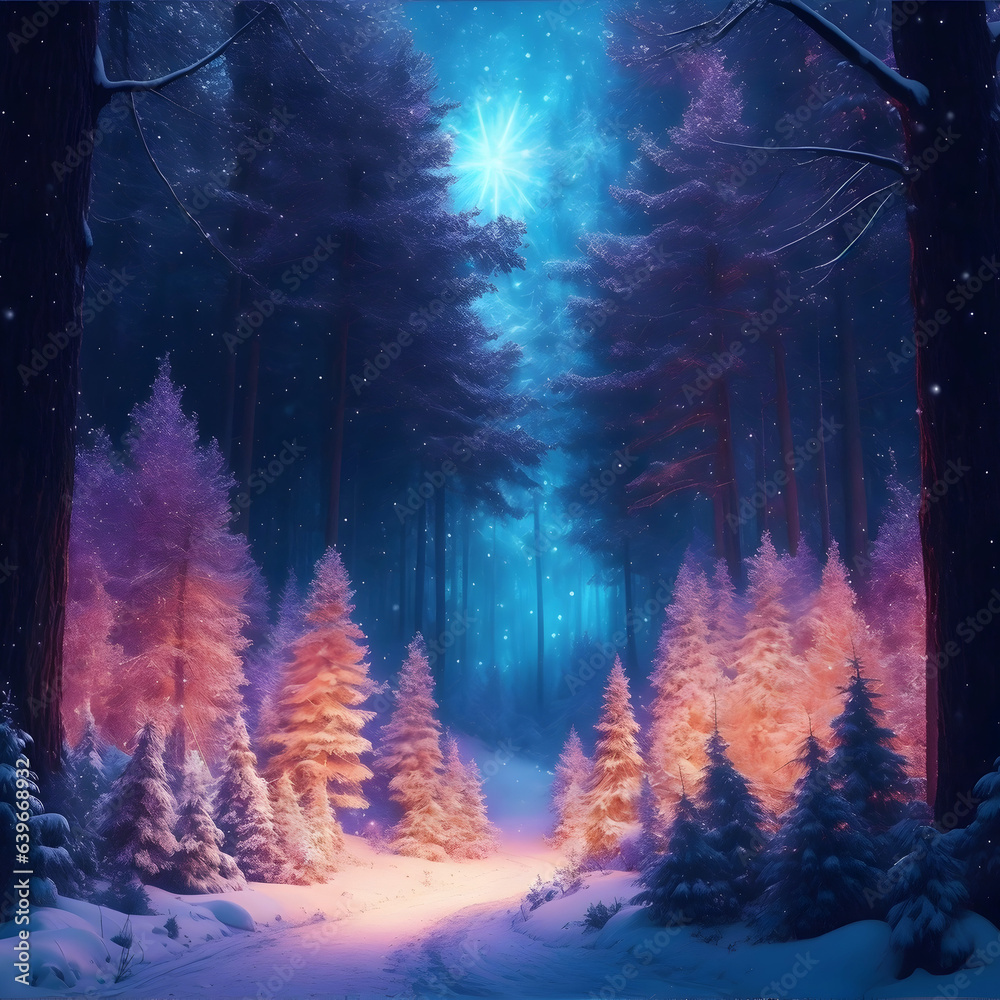 Fototapeta premium Winter magical landscape on a christmas night, eve with fir trees, snow, sparkles, lights. New year greeting card, postcard, background.