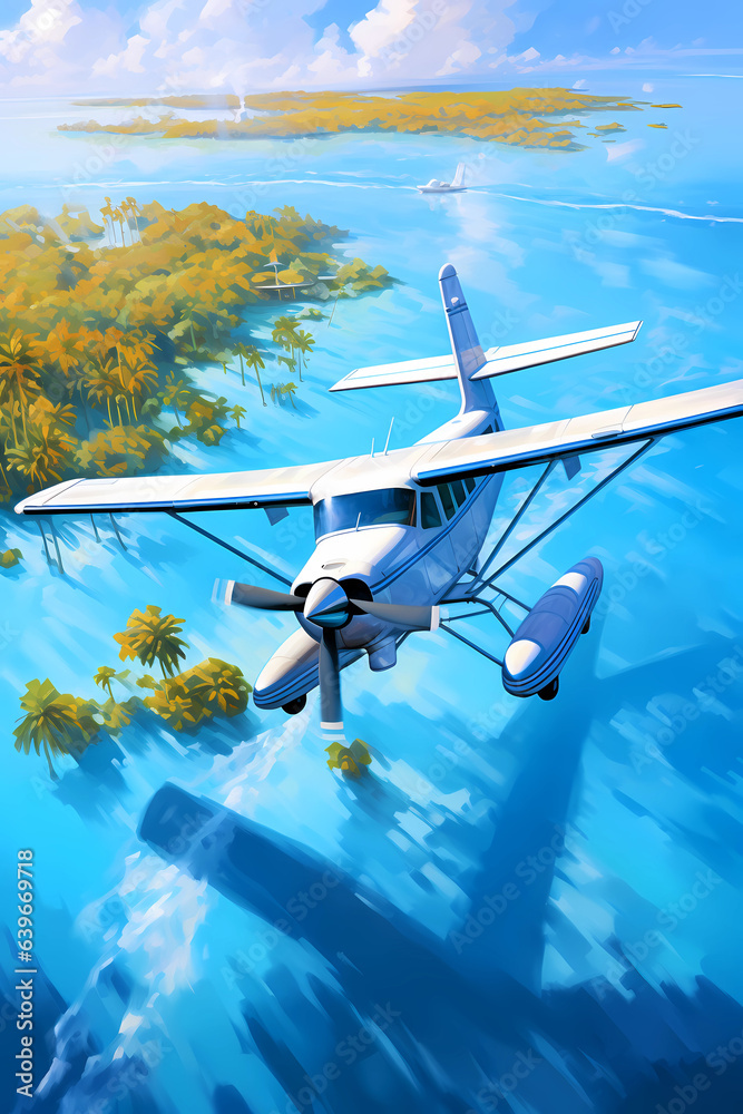 Illustration of an airplane flying over the islands in the ocean