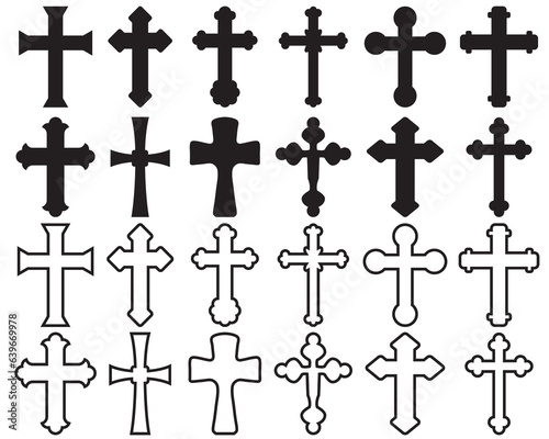 Black silhouettes of crosses on a white background	