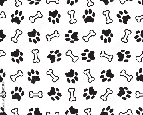 Seamless pattern with black silhouettes of bone and dogs trace