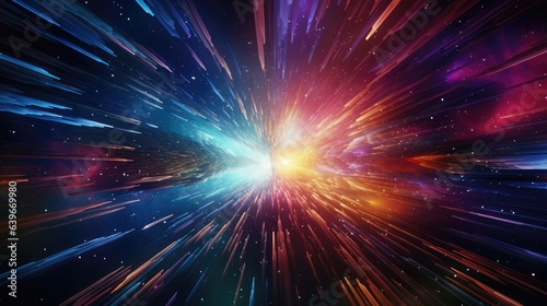A 3D render of a fragmented hyperspace tunnel, with glowing neon rays and explosive lights. The abstract pattern and cosmic illumination create a sense of speed and a futuristic galaxy theme