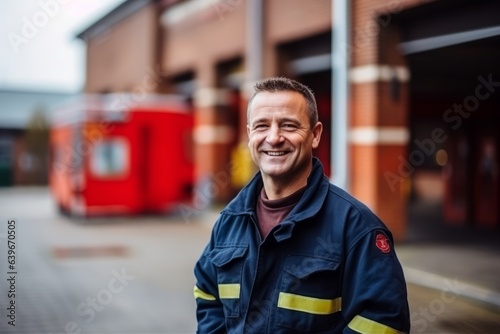 Portrait of a smiling firefighter standing in front of a fire station photo