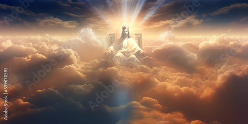 Our Lord, Jesus Christ our Saviour, sitting on a throne high above the clouds in heaven, with healing peaceful light bursting out across his kingdom photo