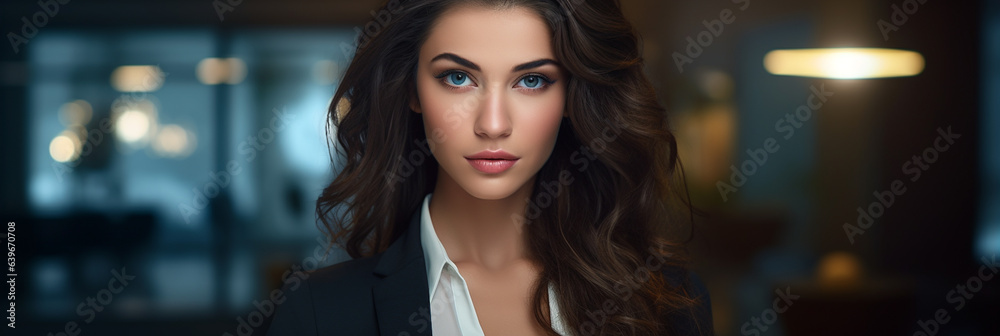 Fototapeta premium Beautiful well dressed female business executive employee, professional portrait photo in office, generative ai