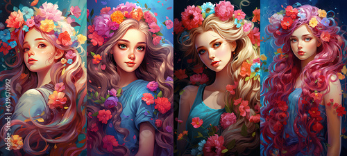 painting style illustration vertical artwork set, pretty woman wearing flower crown, Generative Ai